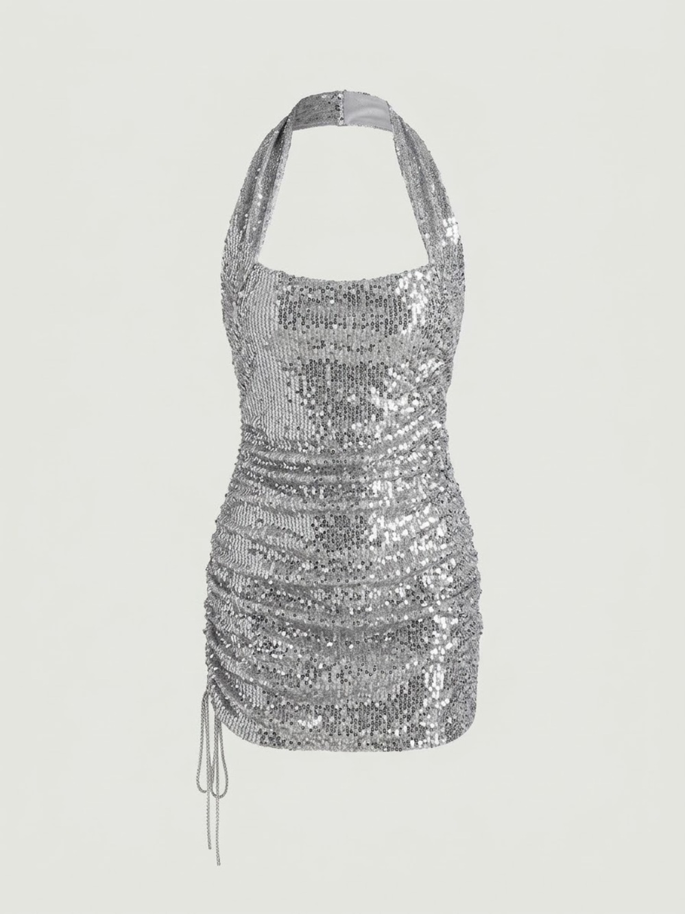 SHEIN Silver Sequin Halter Drawstring Mini Dress